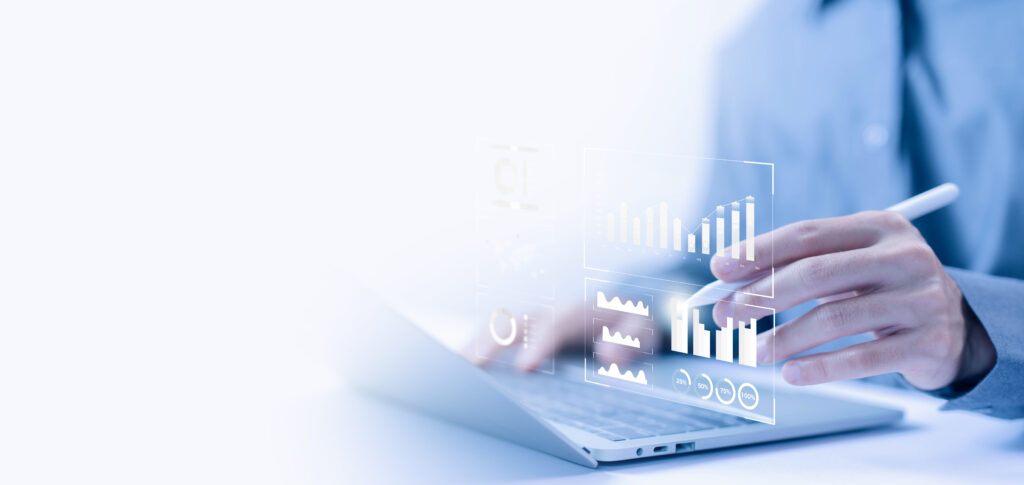 analyst manages the system database on the computer laptop, research on platform digital technology, and reports. concept of analysis data plans shows a dashboard chart, analytics business